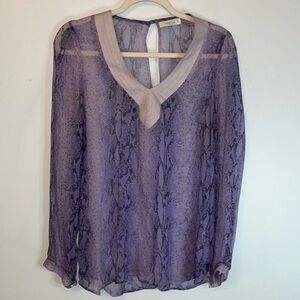 Absolu Paris Blouse Purple Snake Skin Print Sheer Silk whimsical flowy v-neck Sm
